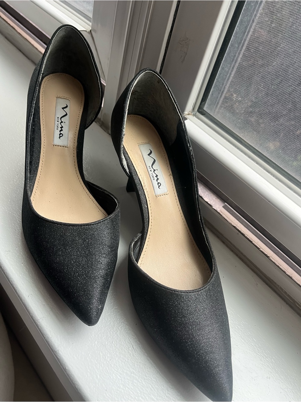 Nina Black Satin Pointed-Toe D'Orsay Pumps | 6.5